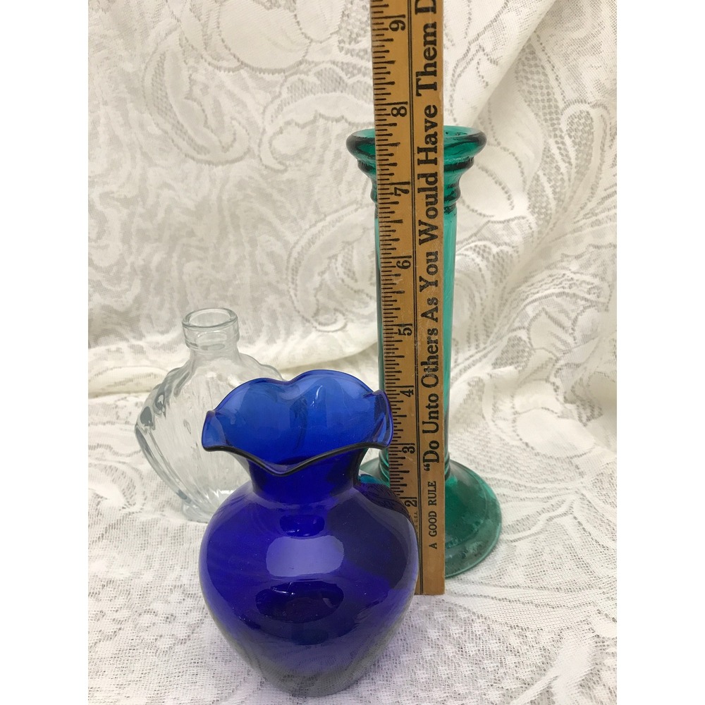 Vintage Curated Glass Vase Set: Cobalt, Teal, and Clear - Wedding Centerpiece #6 - Picture 8 of 9